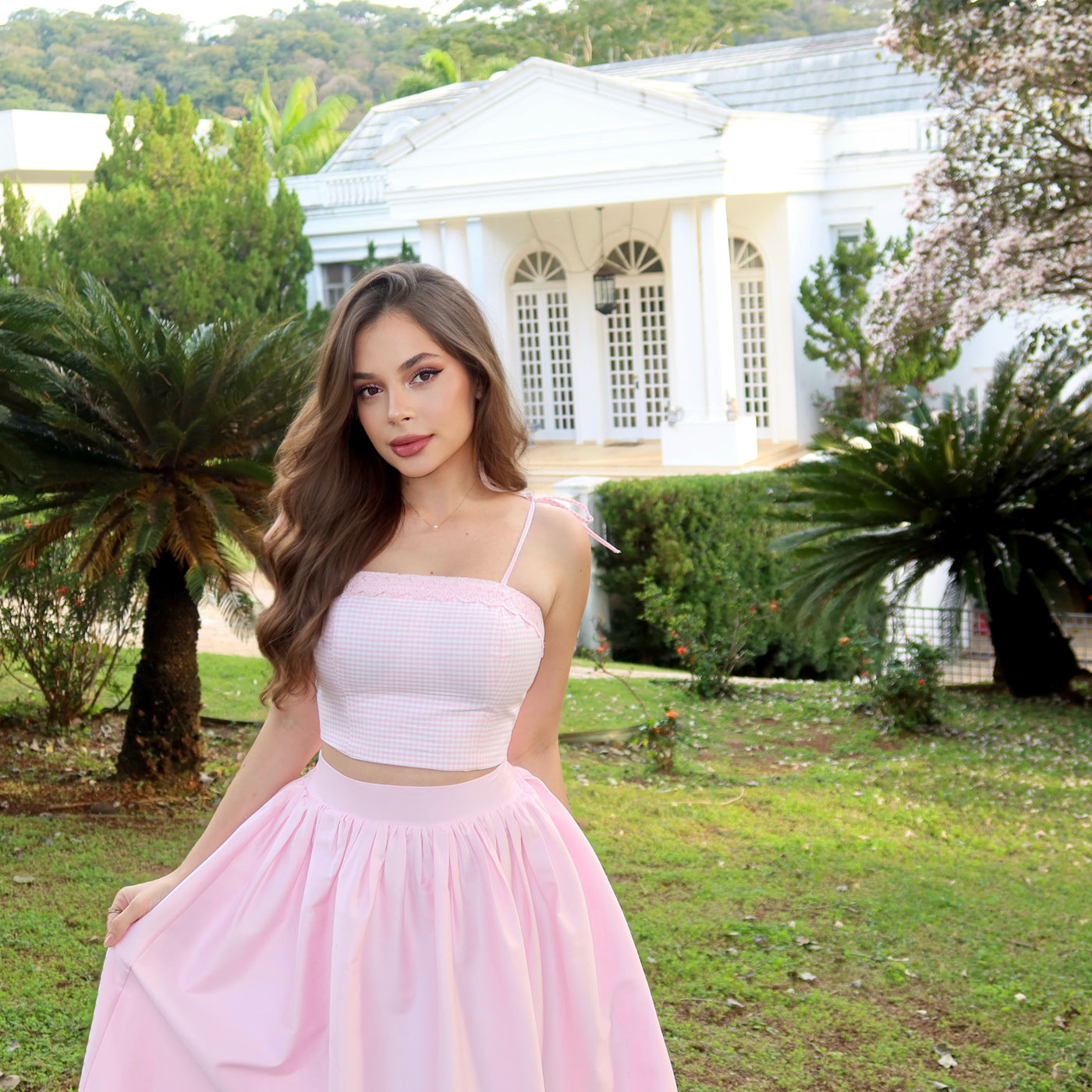 Conjunto Felicia rosa vichy com saia ampla